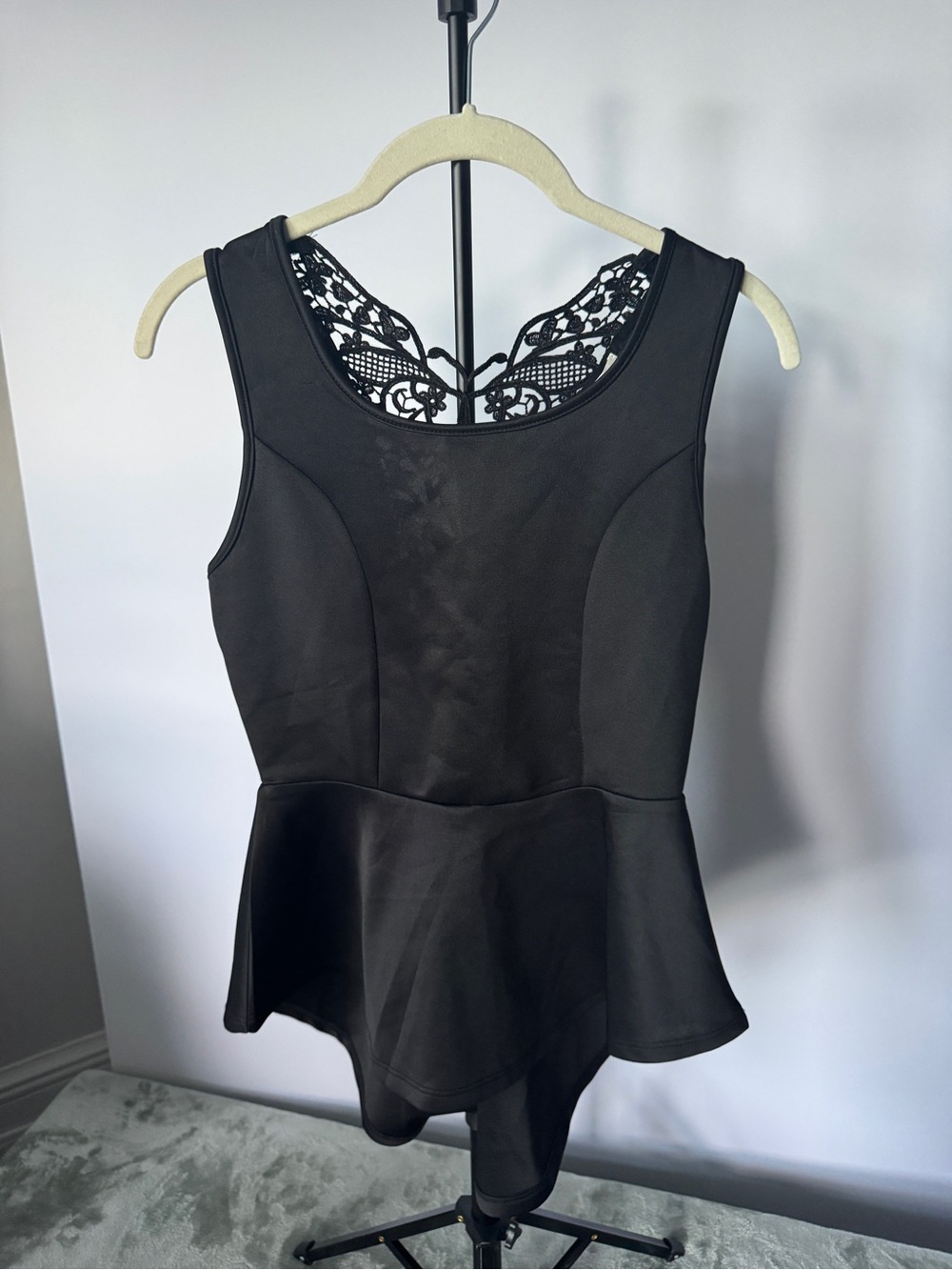 Active USA Black Peplum Lace-Back Tank Top